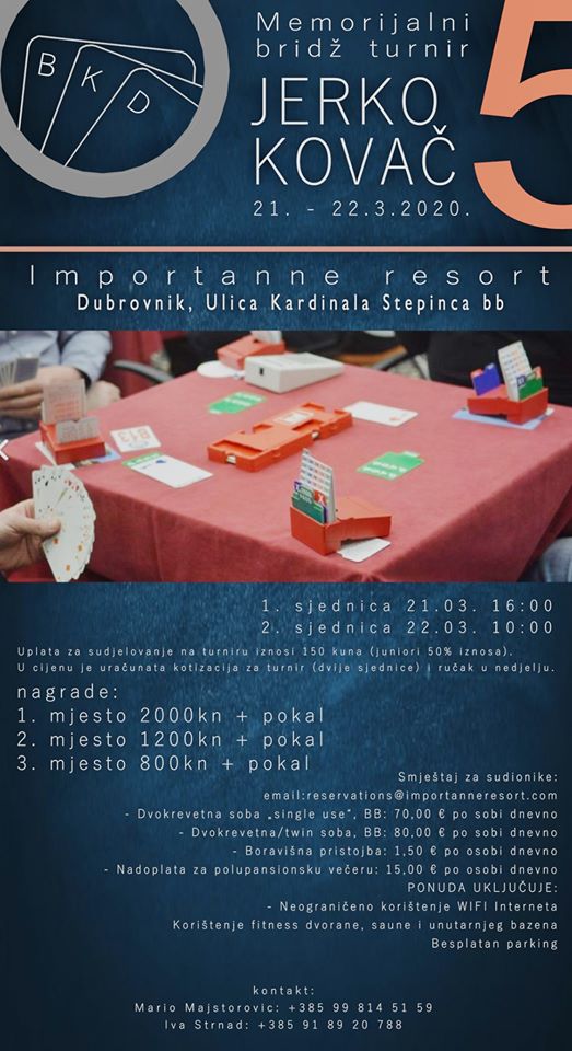 Brid� turnir Jerko Koval� Dubrovnik 2020.
